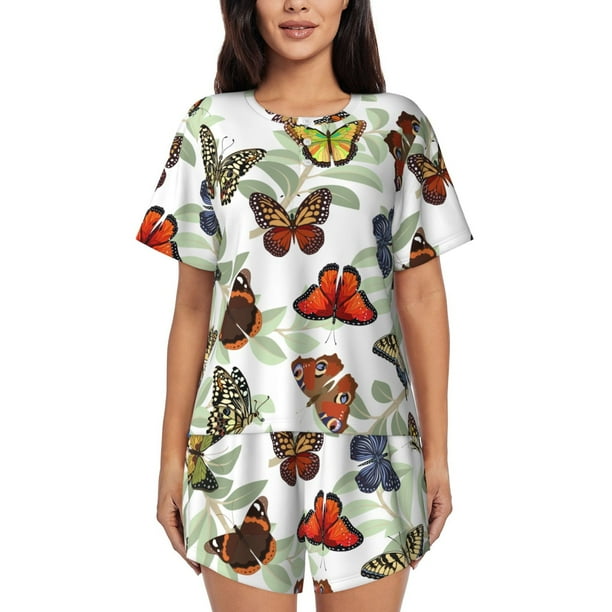 Balery Multicolored Butterflies Conjunto de Pijama para Mujer con Estampado, Dos Piezas de Manga Corta y Shorts, Ropa de Dormir Suave con Cuello Redondo y Bolsillos-3X-Large