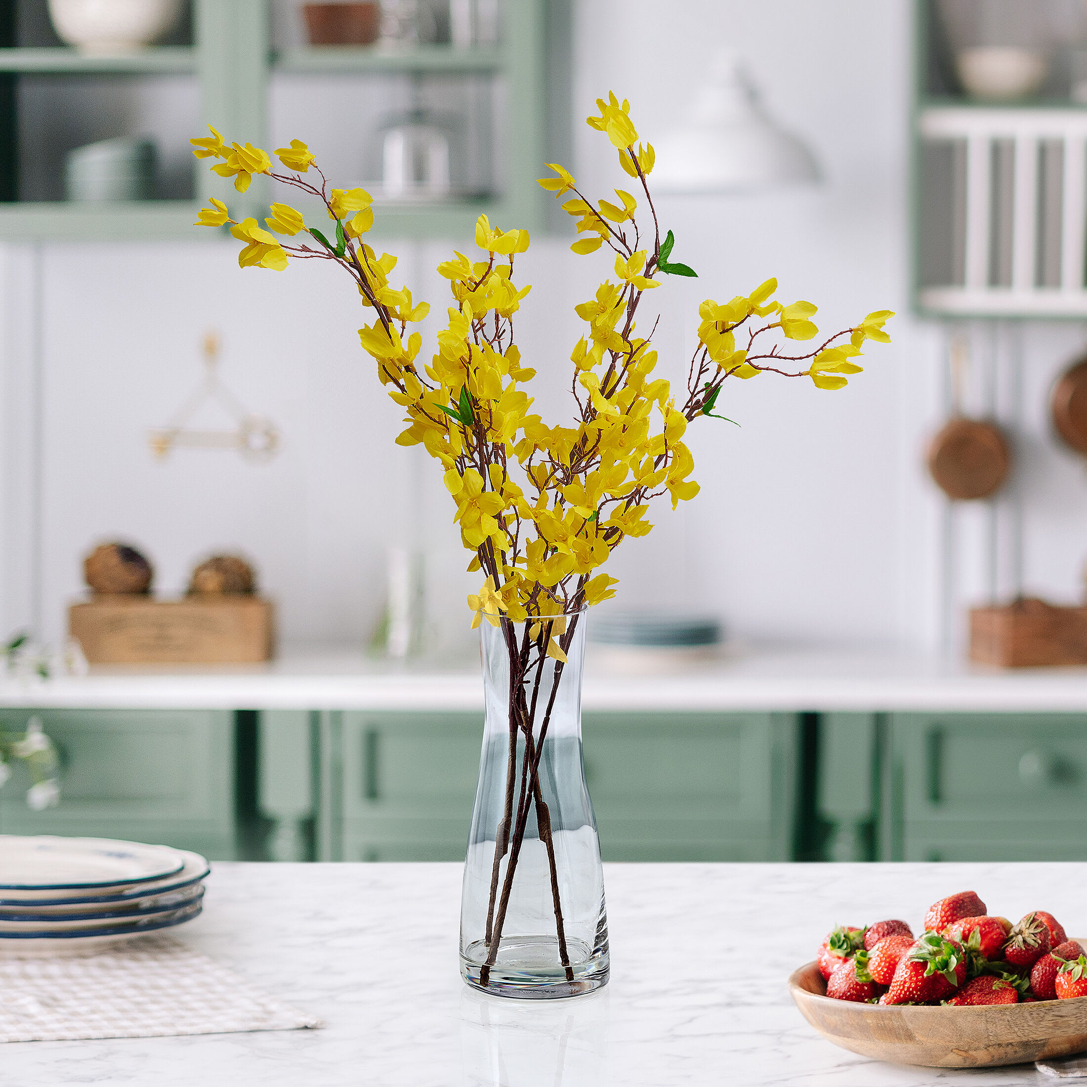 Elements Artificial Realistic Look and Feel Forsythia Arrangement in Clear Glass Vase