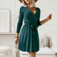 thumbnail image 3 of Vestido de punto con cuello en V para mujer Vestido plisado ajustado de una línea Vestido elegante de suéter de otoño, 3 of 9