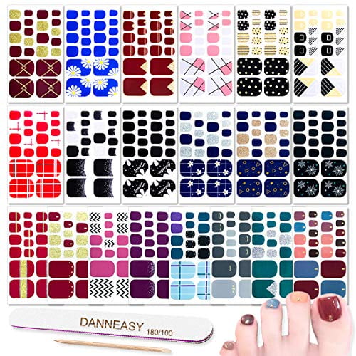 DANNEASY 20 Sheets Adhesive Toe Nail Polish Wraps Strips Decals Glitter Nail Art Stickers Designer Manicure Kit 1Pc Nail File + Wood Cuticle Stick