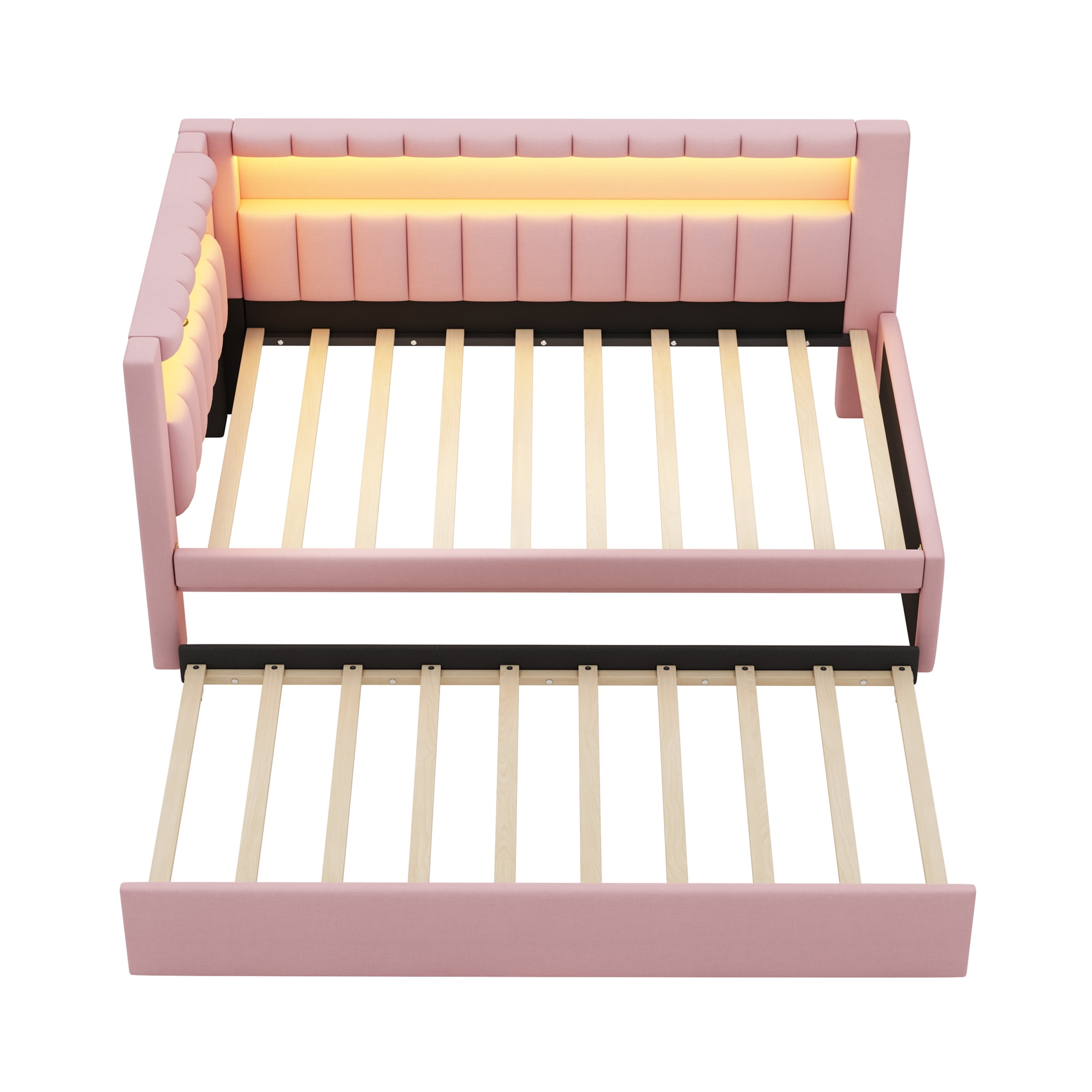 Homy Casa Upholstered Twin Platform Bed with LED Lights and USB Charging Station with Pull Out Trundle for Kids Teens, and Guest Room, Pink