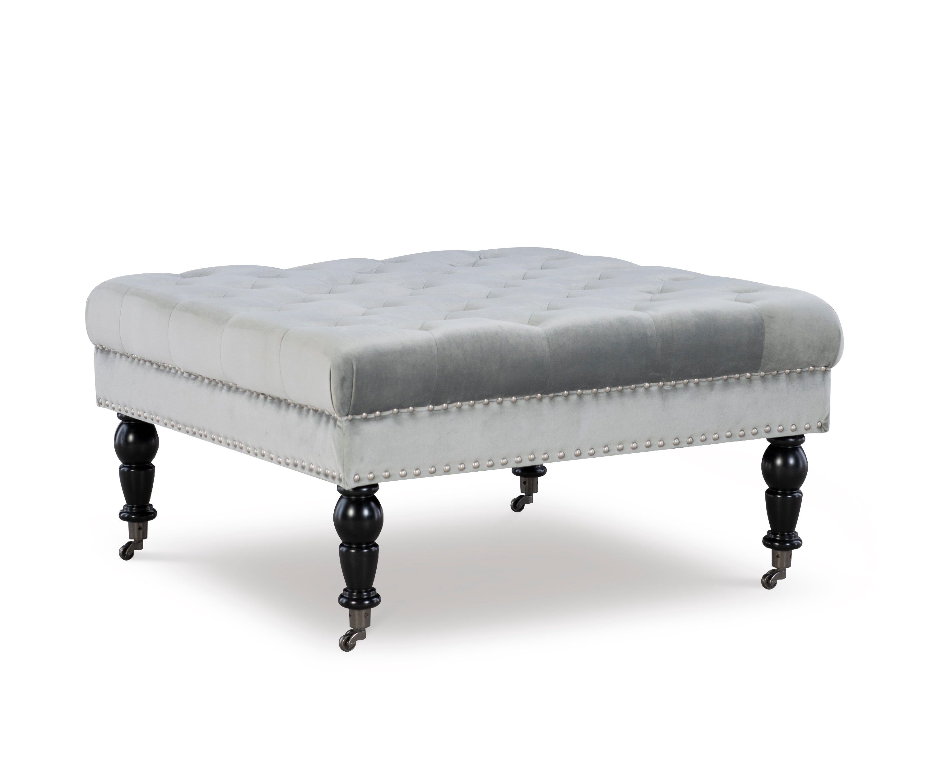 Linon Kacie Square Button Tufted Ottoman, Black/Gray Velvet