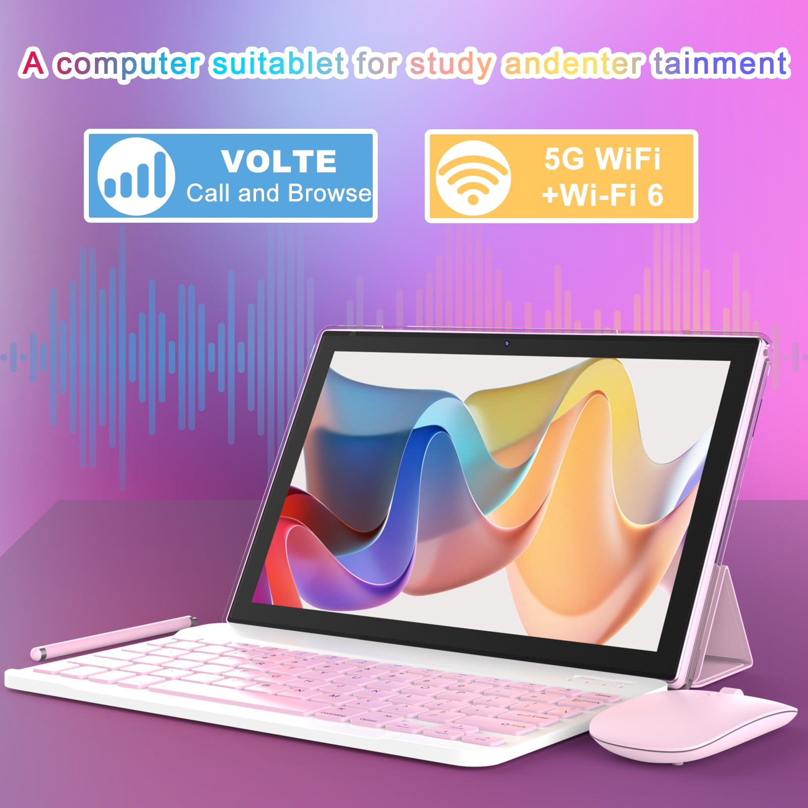 2024 Newest Android 12.0, 10.1 Inch Tablet with Keyboard Case, 4GB+64GB ROM/1TB Expand Tablets, Quad Core, HD Touch Screen, Dual Carema, Games, 2.4G/5G Wi-Fi 6, BT, Google GMS Certified