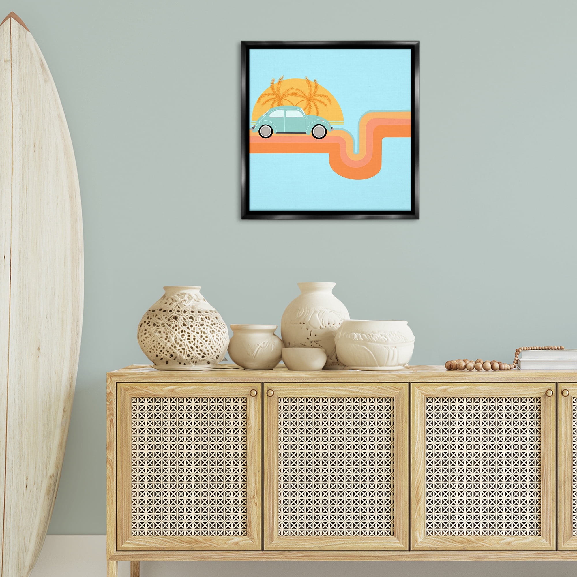 Stupell Industries Retro Tropical Cruisin' Transportation Painting Black Floater Framed Canvas Art Print Wall Art, 25 x 25
