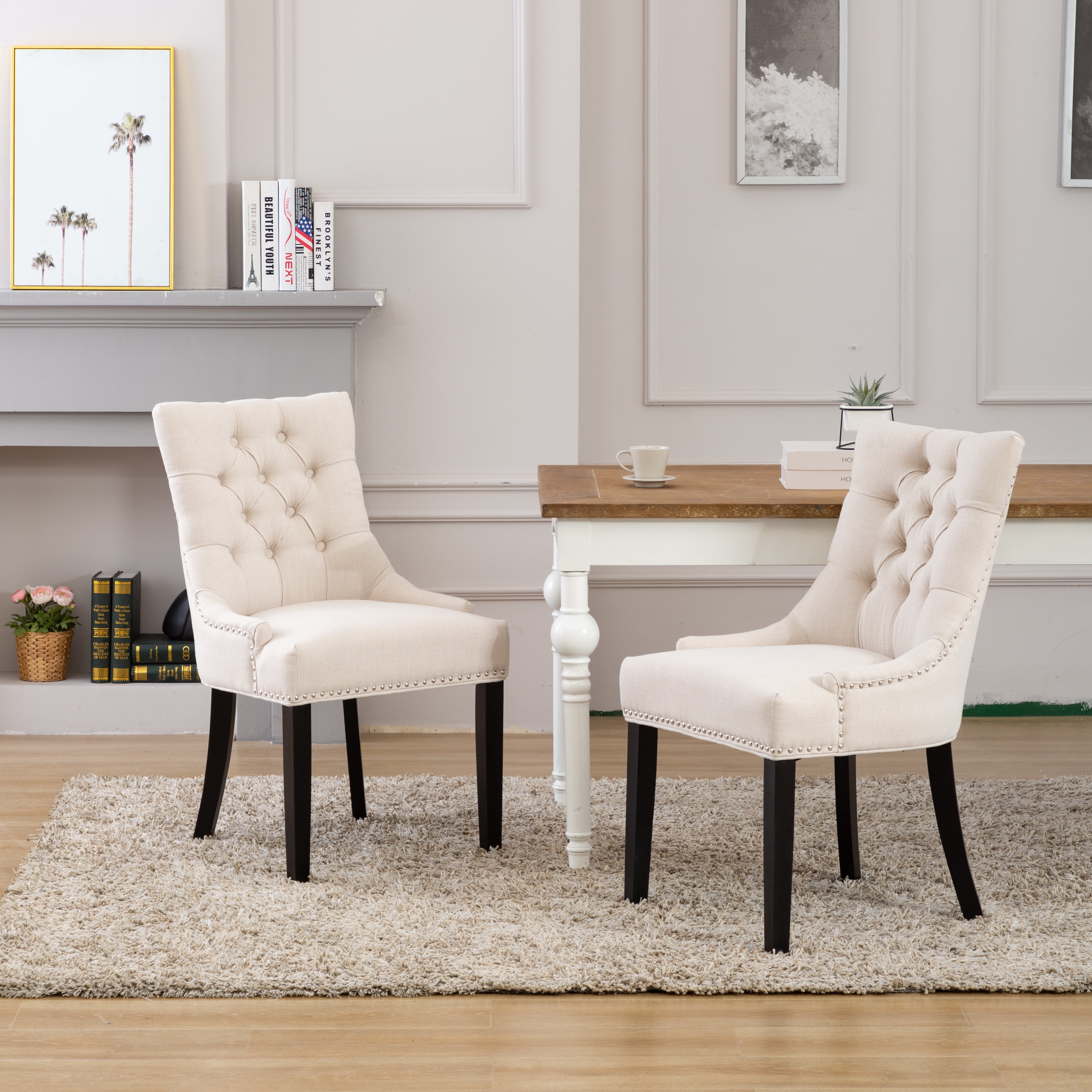 Upholstered Wingback Button Tufted Dining Chair, Beige - Walmart.com ...