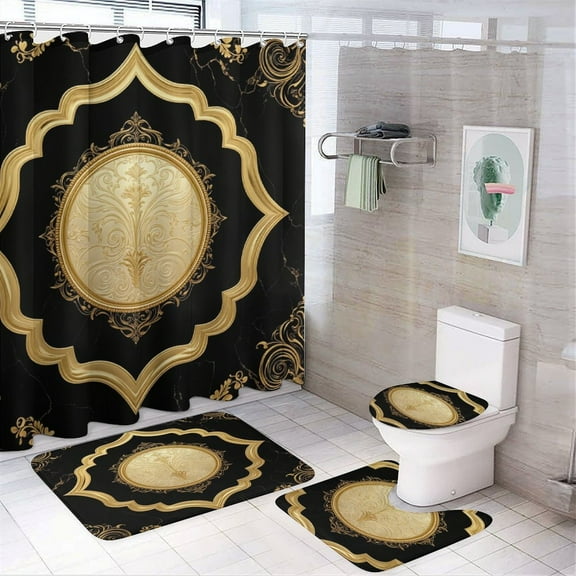 Black Gold Marble Texture Shower Curtain Set Modern Bathroom Decor Mats 4pcs Fabric Bathroom Curtain Slip Floor Rug Toilet Lid