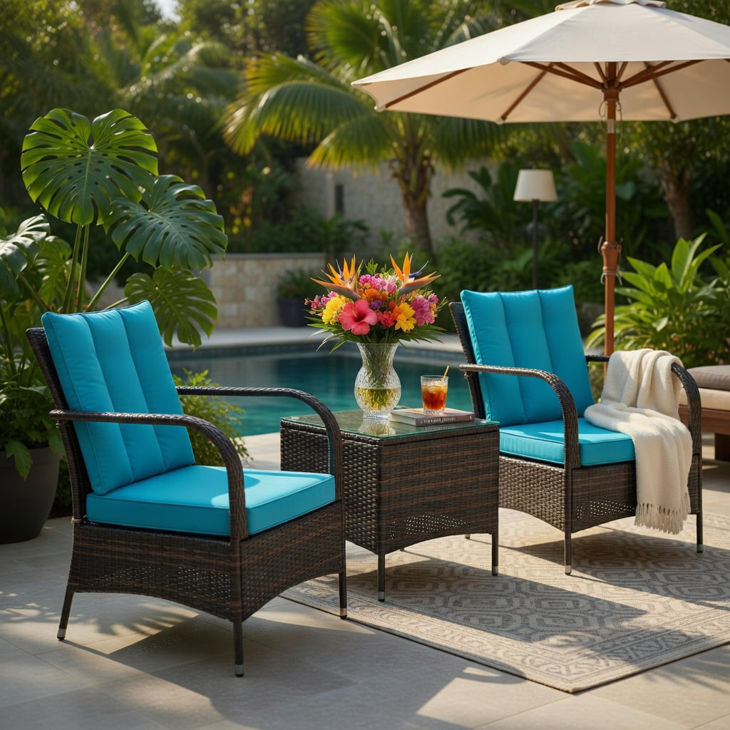 Hommoo 3-Piece Outdoor Rattan Patio Furniture Set with Tempered Glass Coffee Table & Cushions, Weather-Resistant Wicker Seating for Backyard, Garden, or Patio, Turquoise