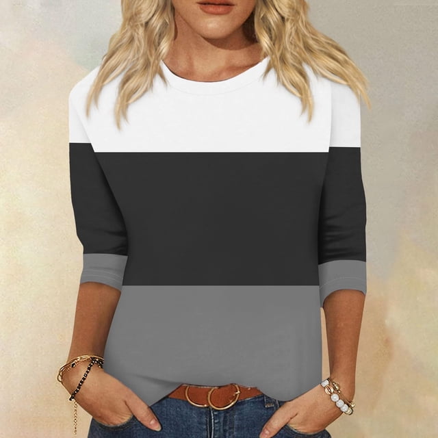 Mefallenssiah Blouses pour Femmes 2024 Mode Blouses Amples pour Femmes Bloc de Couleur Imprimé T-Shirt Manches 3/4 Col Rond
