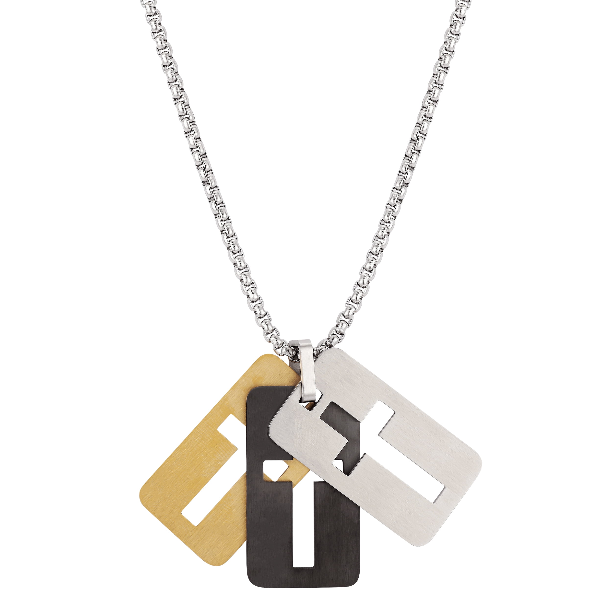 Men's Tri-Tone Stainless Steel Cross Dog Tag Pendant Necklace, 24" Length