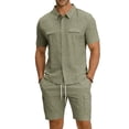 thumbnail image 6 of Men'S Short Sleeve Solid Color Workwear Button Down Shirt With Multiple Pockets And Cargo Shorts Set For Summer Casual Wear,Army Green,L, 6 of 6