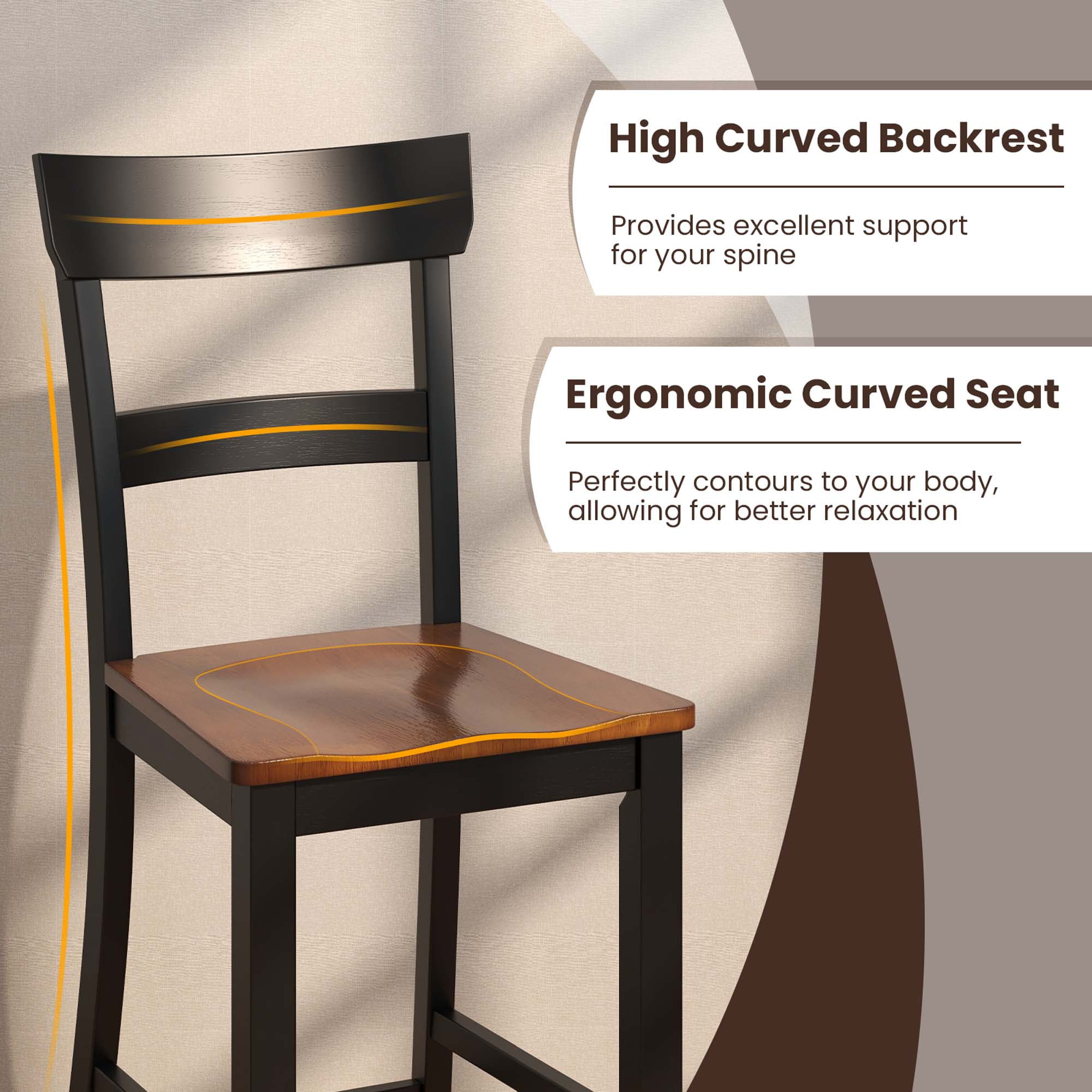 Costway Wooden Bar Stool Set of 4 Bar Chairs with LVL Rubber Wood Frame, Backrest, Footrest Black