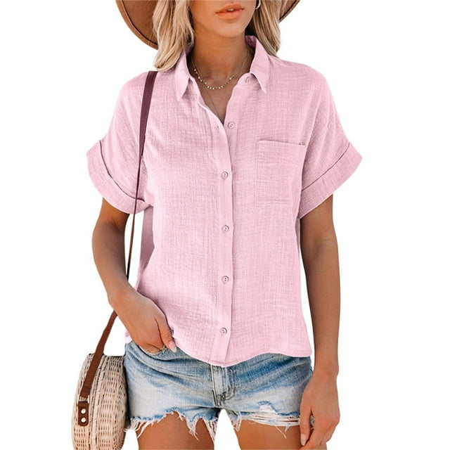 Innerwin Tops Short Sleeve Women Shirts Holiday Button Down Casual Blouse Pink M