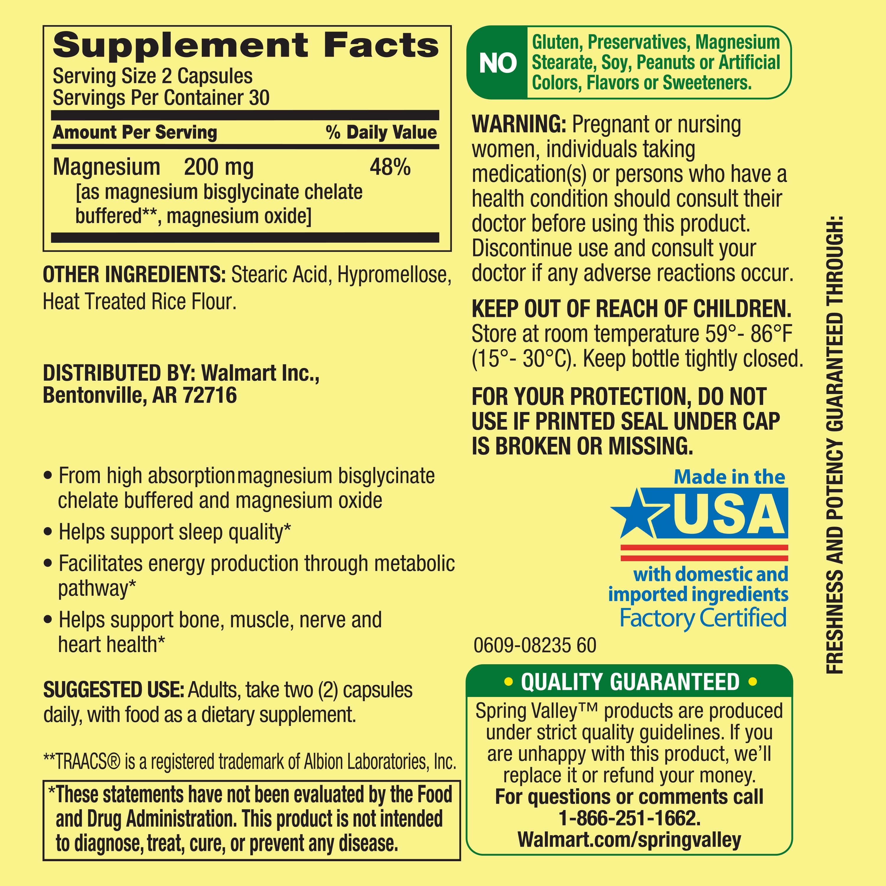 (3 pack) Spring Valley Magnesium Sleep Support Bone & Joint Health Dietary Supplement Vegetarian Capsules, 200 mg, 60 Count