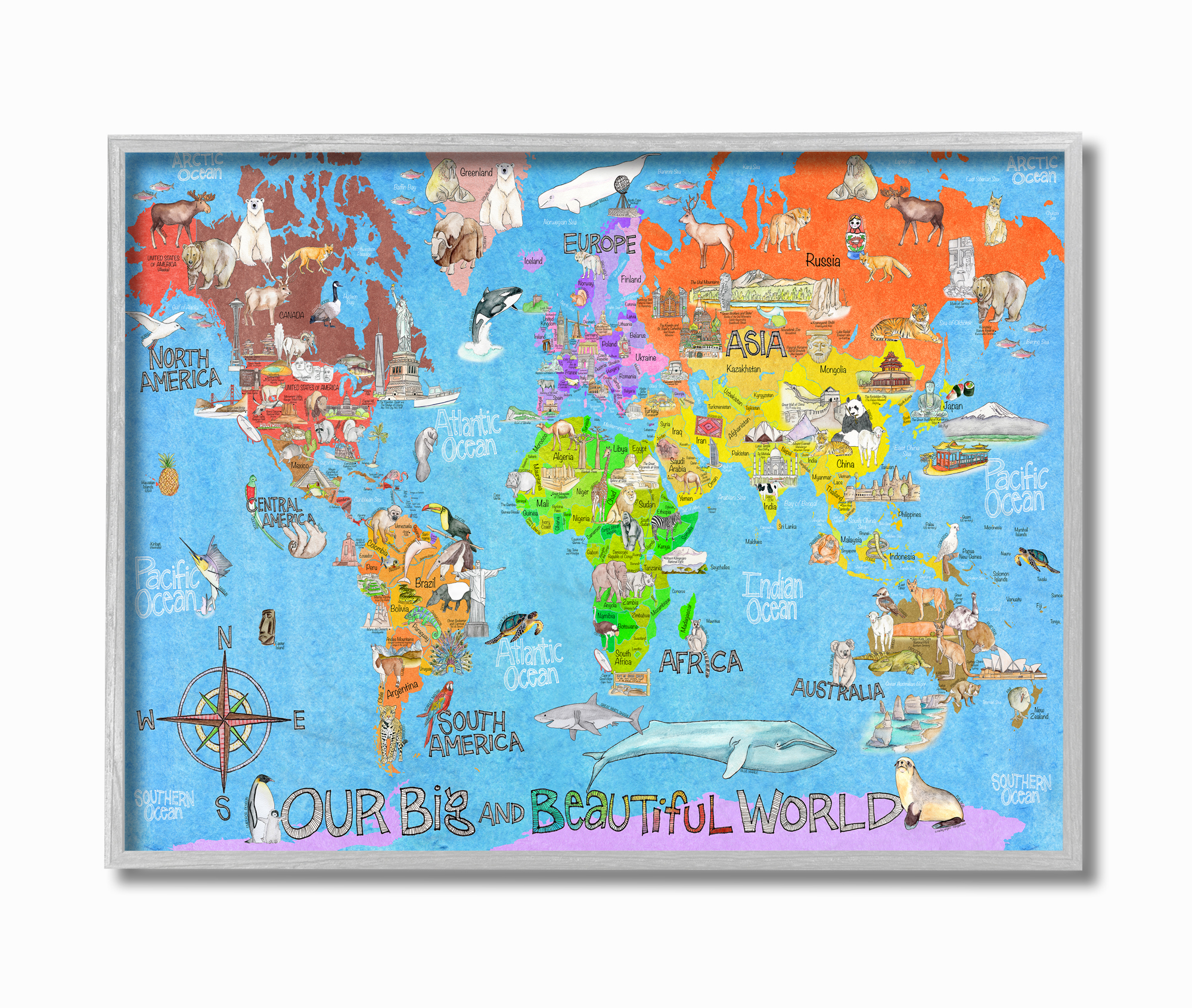 The Kids Room by Stupell Our Big Beautiful World Map Framed Wall Art by