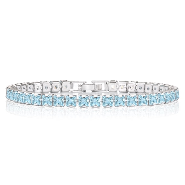 JeenMata Enorme Marcha de corte princesa de 11 quilates - Aguamarina - Pulsera de tenis con piedra natal para mujer Diseño de eternidad - Chapado en oro blanco