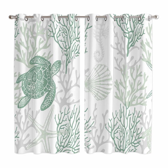 Green Coastal Kitchen Curtains 84 Inch Length, Sea Turtle Nautical Coral Summer Beach Grommet Top Bedroom Living Room Curtains, Light Filtering Cafe Curtain Drapes 2 Panels Set 104''x84''