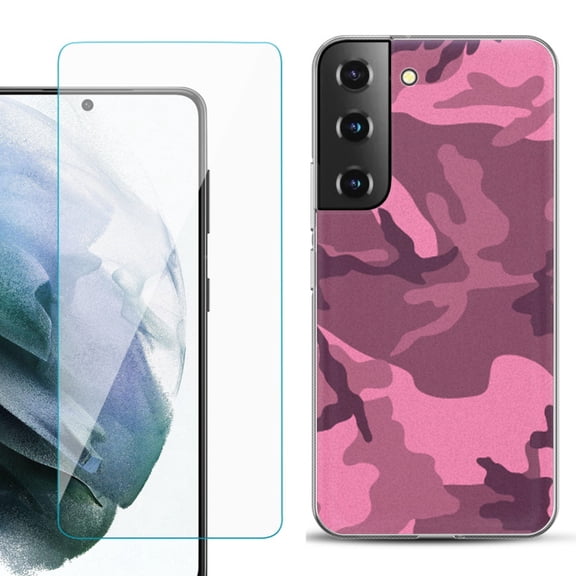 Slim-Fit TPU Fashion Phone Case for Samsung Galaxy S22 5G, with Tempered Glass Screen Protector, by OneToughShield ® - Camo Pink