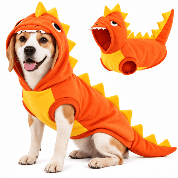 Kuoser Dog Dinosaur Halloween Costume, Funny Fleece Hoodie for Medium Dogs, Orange, M