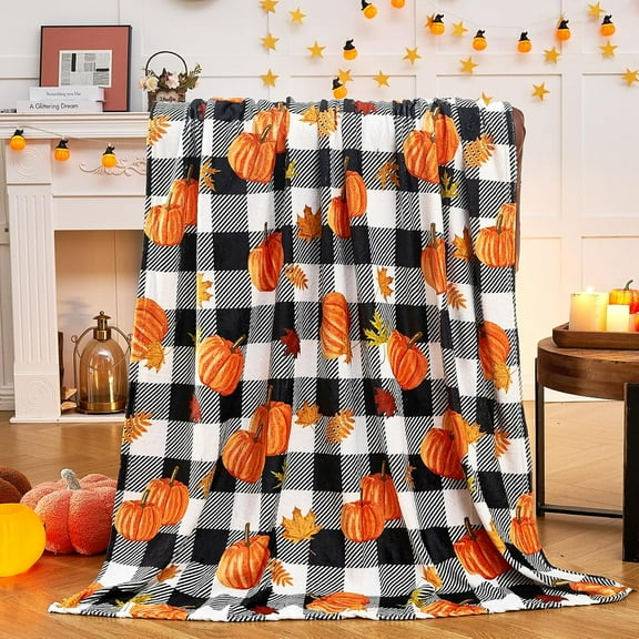 Fall Throw Blanket, Pumpkin Leaf Fall Plaid Throw Blanket for Couch Bed Sofa, Checkered Blanket for Autumn, Utilize Fall Decor Throw Blankets to Cultivate Cozy Home Atmosphere (50”x60”)
