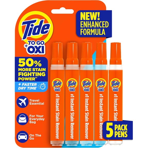 Tide Stain Remover for Clothes, Tide To Go Pen, Instant Stain & Spot Remover for Clothes, Travel & Pocket Size, 5 Count (Pack of 1), Packaging May Vary