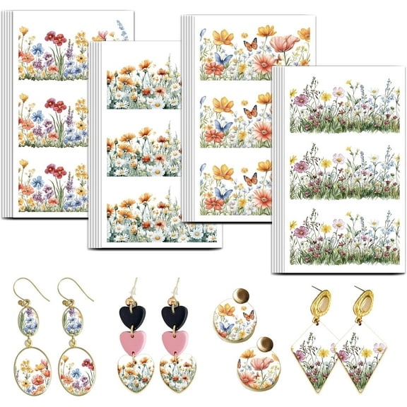 Wildflowers Clay Transfer Paper 4 Design 24 Pcs Transfer Papers for Polymer Botanical Frame Polymer Clay Transfer Sheets Flower Theme Small Transfers Paper for Clay Earrings Jewelry Making