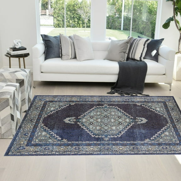 Handcraft Rugs Persian Rug - Faded, Oriental Distressed Area Rug - Modern Vintage Design Persian Area Rug - Abstract, Multicolor Kashan Design Persian Rug - Navy Blue/Aqua Blue/Multicolor 5 x 7 feet