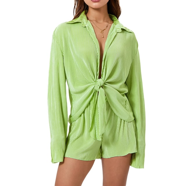 Diconna Ensemble Décontracté 2 Pcs pour Femmes Mode Chemise à Manches Longues avec Nœud + Short Tenue de Plage