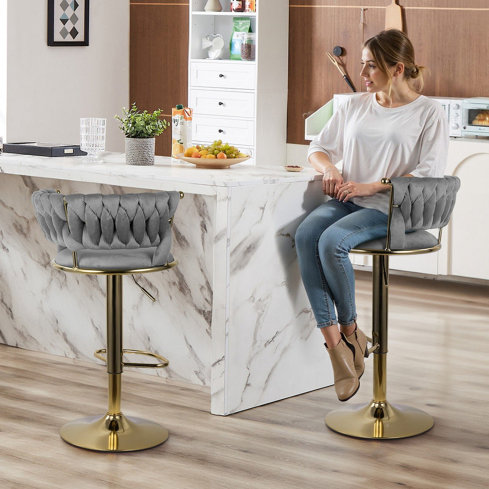 Hawsaiy Modern Velvet Bar Stool Set of 2 with Woven Back and Footrest for Kitchen, Bar, and Dining Spaces,Dark Gray