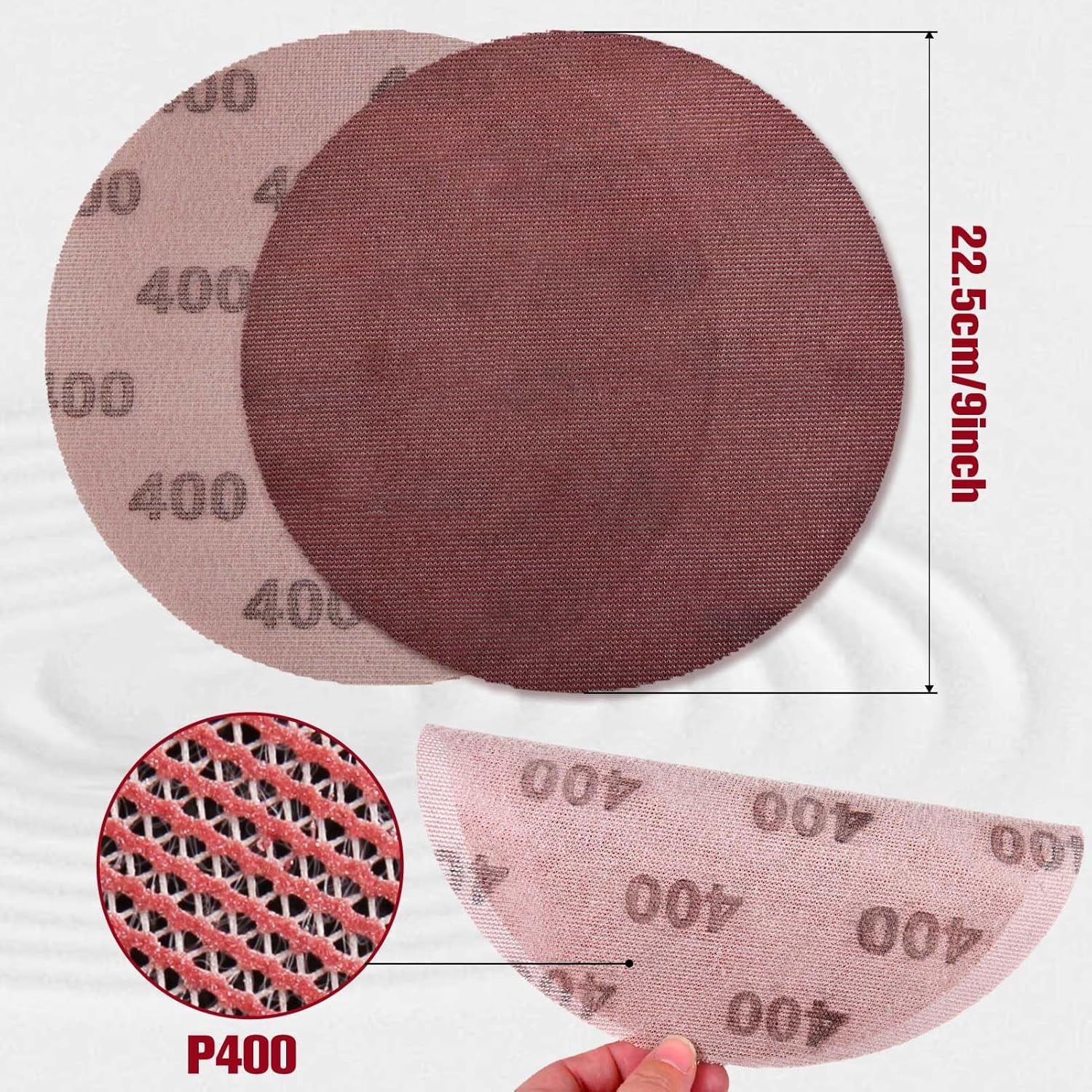 FRKSMD-15 Pack 9 Inch Mesh Abrasive Sanding Discs, 400 Grit Red Net Discs, Dust-Free Hook and Loop Drywall Sandpaper, Drywall Sander Sandpaper for Electric & Pole Sanders,Random Orbital Sander