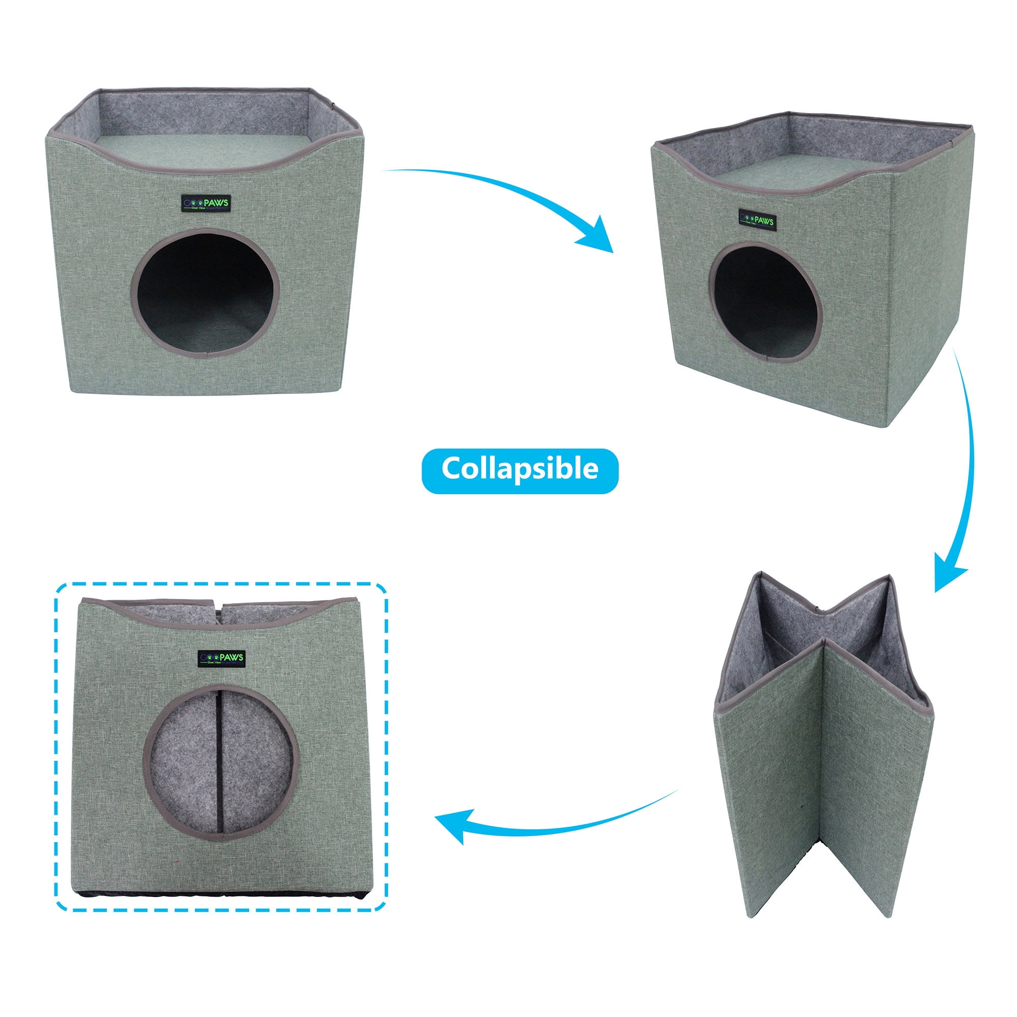 JESPET & GOOPAWS: Foldable Cat Condo - Sage Green - Cube House, Sleeper Bed Cave, Top Lying Surface, 2 Reversible Cushions, Hiding Place, 15.5 x 15"