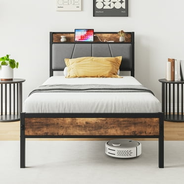 Yoneston Twin Platform Bed Frame with Upholstered Storage Headboard, Sturdy Metal Bed Frame with Charging Station, Caramel Brown
