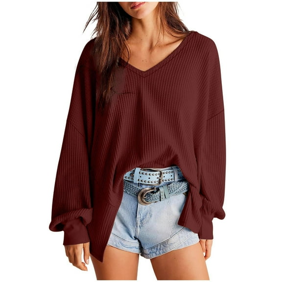 hotojiny Fall Tops for Women Long Sleeve Casual Knit Pullover Tops V Neck Solid Color Oversized Loose T Shirts