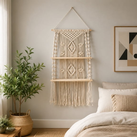 Macrame Wall Hanging Shelf Boho White Wooden Floating Hand Woven Tassel