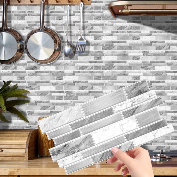 12Sheet Self Adhesive Light Gray Marbling Tiles Wall Stickers Decals 4.72 x 9.68inch DIY Decor Mosaic Brick Sticker Peel and Stick Backsplash Kitchen