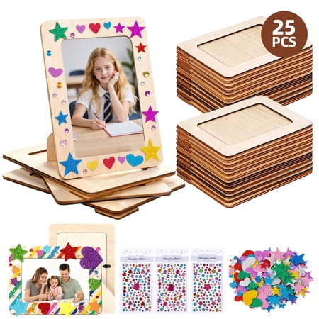 25 Pack Unfinished Wooden Picture Frames, 4" x 6" DIY Wood Craft Picture Frames W/Diamond and Foam Stickers - Paintable Wood Frames for DIY Projects, School Crafts, and Home Decorations