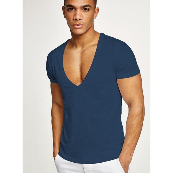 Men Deep V-neck Solid Color T-shirt - Walmart.com