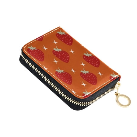 PU Leather Zipper Card Case Credit Card Holder Small Wallets Strawberry and White Stars Pattern