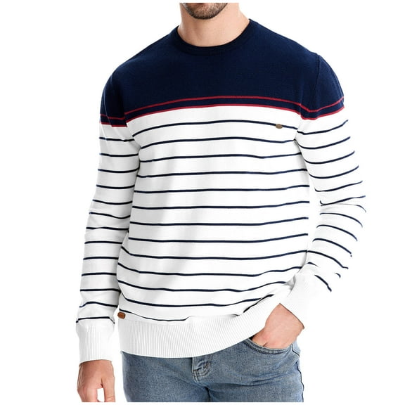 successthop Striped Sweaters for Men Long Sleeve Chunky Crewneck Pullover Tops Ribbed Cuff Color Block Clothes