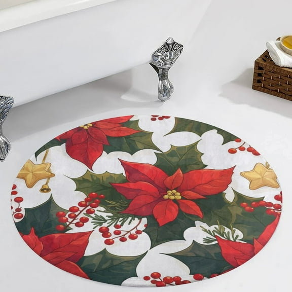 Christmas Poinsettia Red Flower Round Carpet Circle Rug Outdoor Patio Area Rug Washable Large Area Rugs Hallway Room Decor Fitness Mats