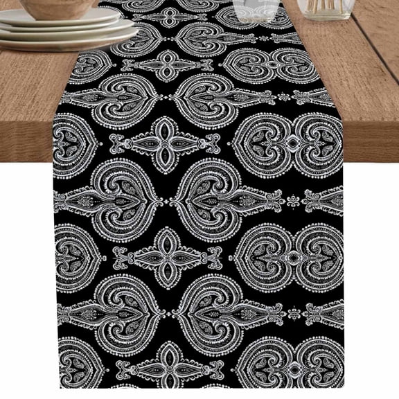 nqOlkjepod Black Geometric Table Runner 72 Inches Long Farmhouse Dress Scarves, Paisley Modern Abstract Flower Dining Tablerunner for Coffee Table/Kitchen Island/Party Décor, 13" x 72"