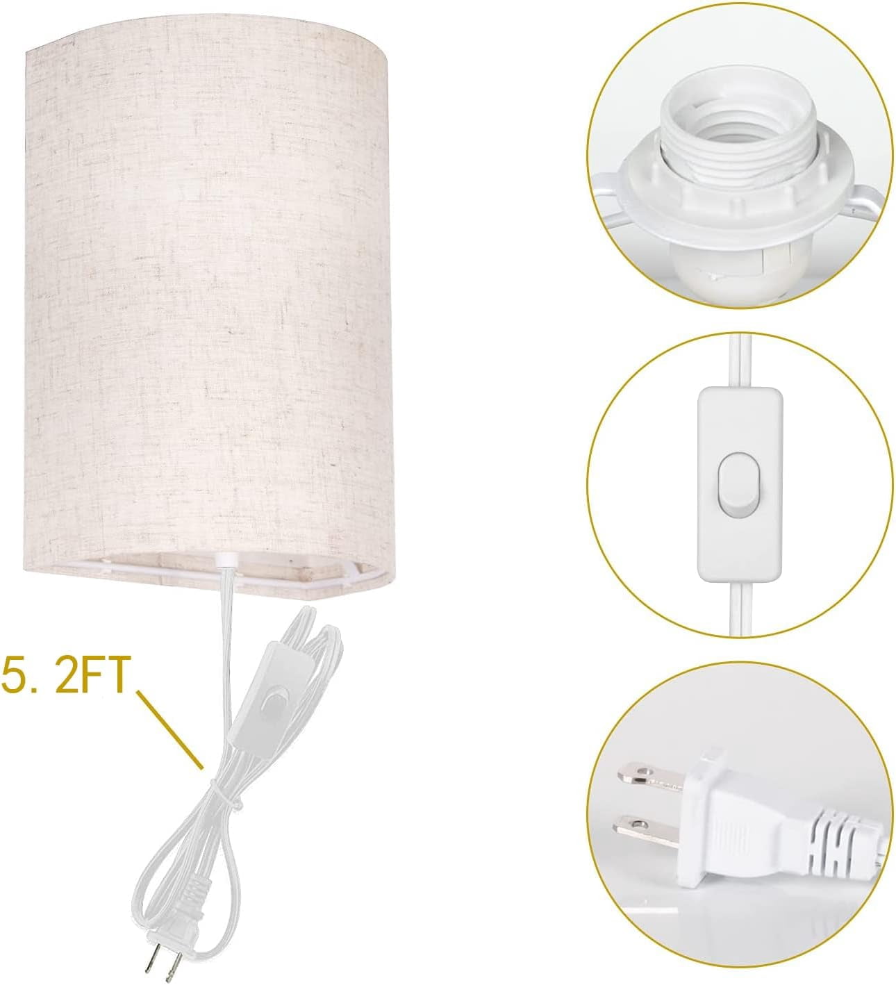 CTAnnie Wall Sconces Set of Two, Wall Lamp Plug in with On/Off Switch, 2700K 4000K 5000K Selectable, Wall Lights for Bedroom, Living Room, Wall Decor for Bedroom, Fabric Linen Lamp Shades