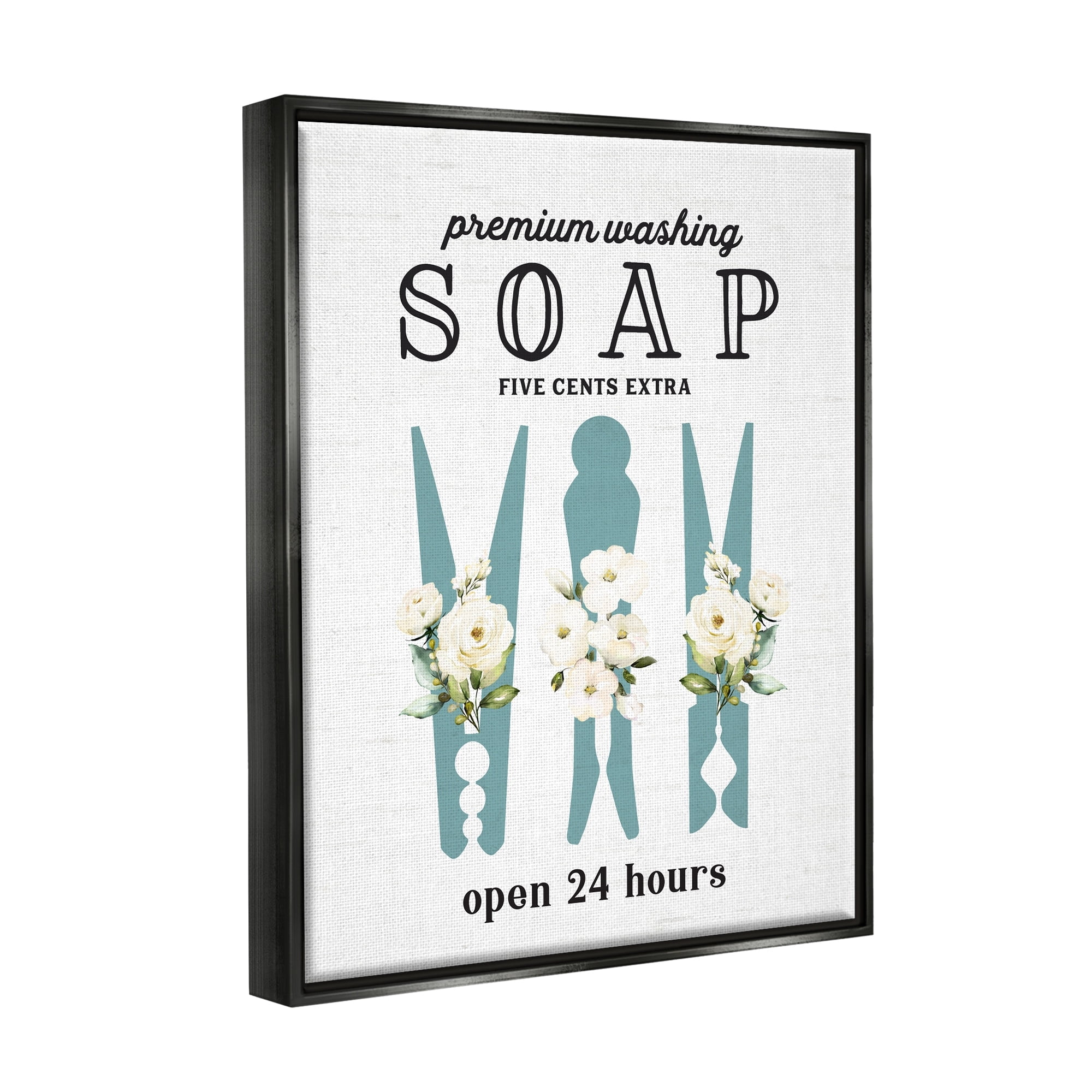 Stupell Industries Premium Soap Laundry Sign Vintage Floral Clothespins Graphic Art Metallic Gold Floating Framed Canvas Print Wall Art, Design by Lettered and Lined