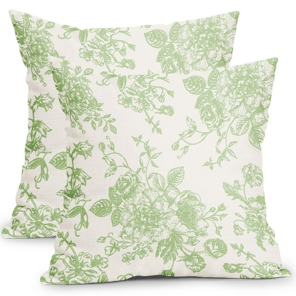 Green Floral Pillow Covers 16x16 Inch Set of 2 Apple Green and Cream Chinoiserie Floral Decorative Throw Pillows Vintage Rustic Flower Pillowcase Outdoor Decor Linen Cushion Covers for Couch Sofa