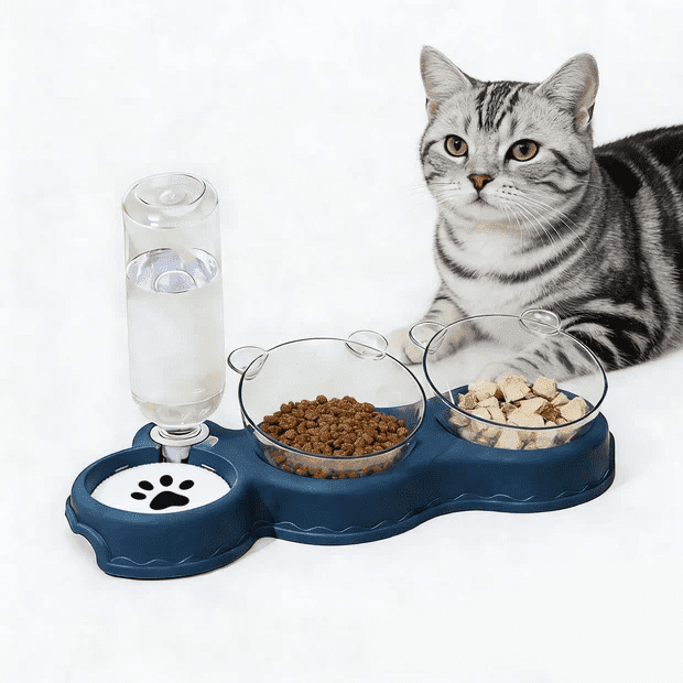 MAXVINI 3 in 1 Tilted Raised Cat Food Bowls,15° Sloped Design, Double Feeder and Automatic Waterer，for Indoor Cats, Small Dogs, and Medium Dogs