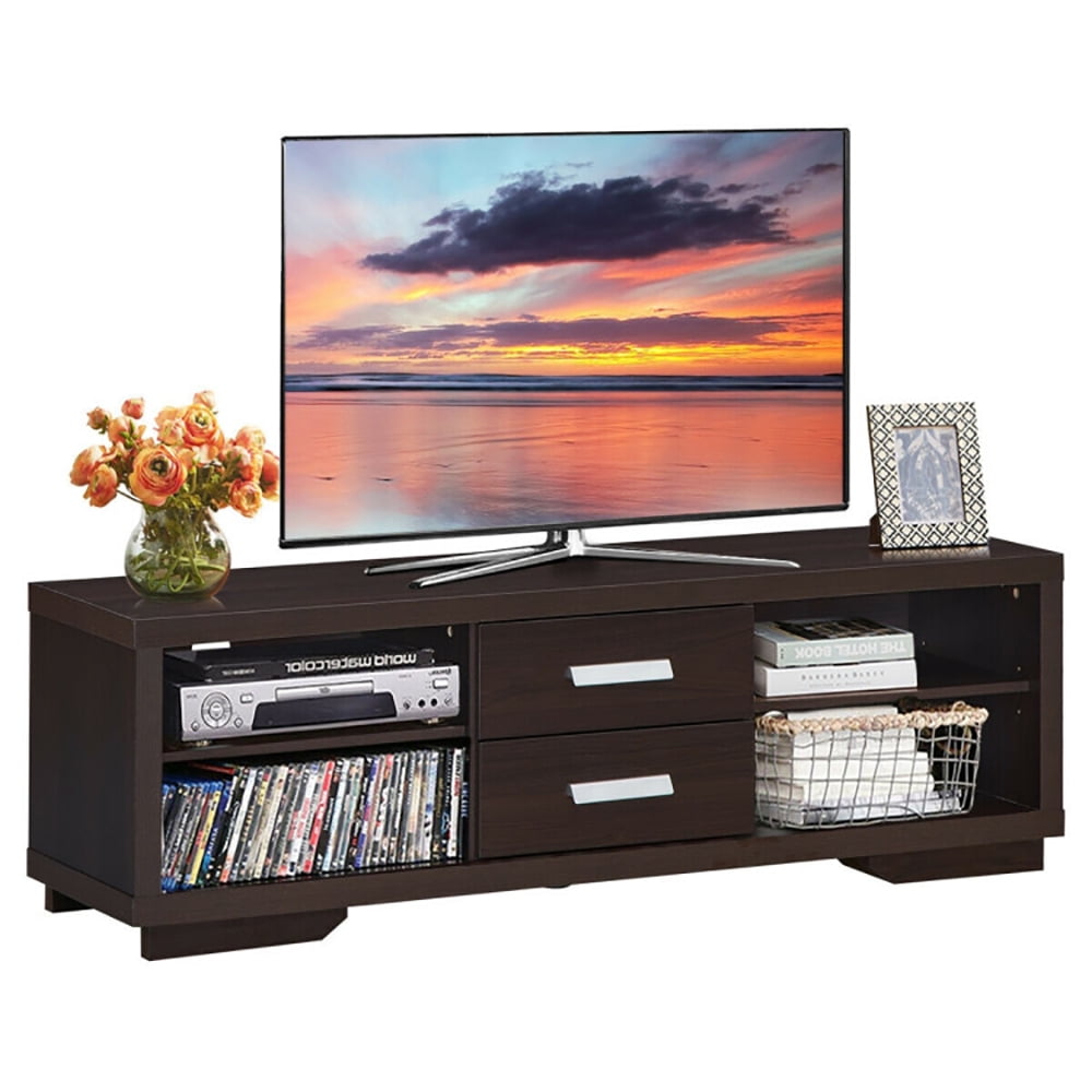 Finihen TV Stand, TV Cabinet, Modern TV Stand Entertainment Center with 2 Drawers and 4 Open Shelves, Media Entertainment Center with Storage, for Living Room, Bedroom, Brown