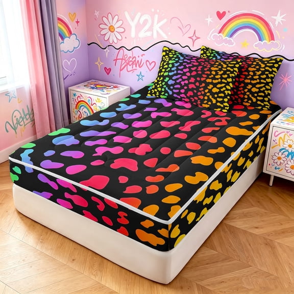 Manfei Ink Rainbow Zipper Twin Comforter Sets with Fitted Sheet and 2 Pillowcases, Neon Leopard Print Zipper Bedding Set, Black Pink Orange, Black Reversible, 4 Pieces