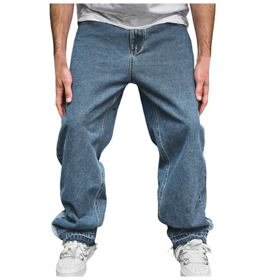 NOLDARES Men's Loose Fit Straight Leg Denim Jeans Baggy Wide Leg Plain Pants Trousers(Blue,28)