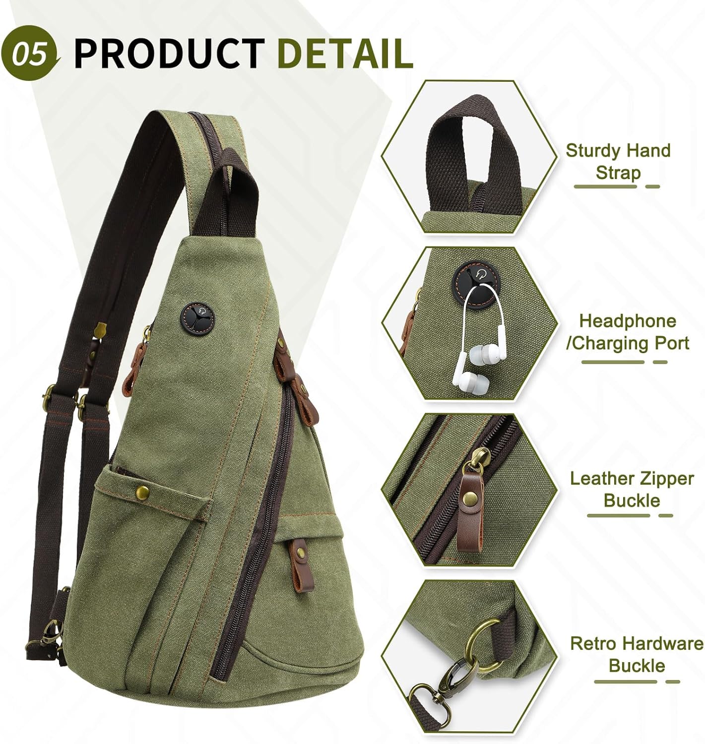 Vintage Canvas Sling Bag with Genuine Leather Zipper, 3 in 1 Crossbody, Backpack, and Chest Bag, for Travel, Hiking, 16x10x6 Inches