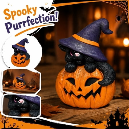 Halloween Decor Indoor Spooky Halloween Decorations Black Cat Pumpkin Figurine Handcrafted Resin Room Ornaments Fall Decorations for Home Shelf Mantel Table Top Festive Party Display