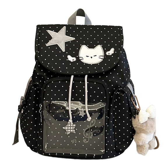 HUISZJ Polka Dot Cat School Backpack, Drawstring Schoolbag with Pendant, Large Capacity Laptop Backpack for Students College Travel, Black